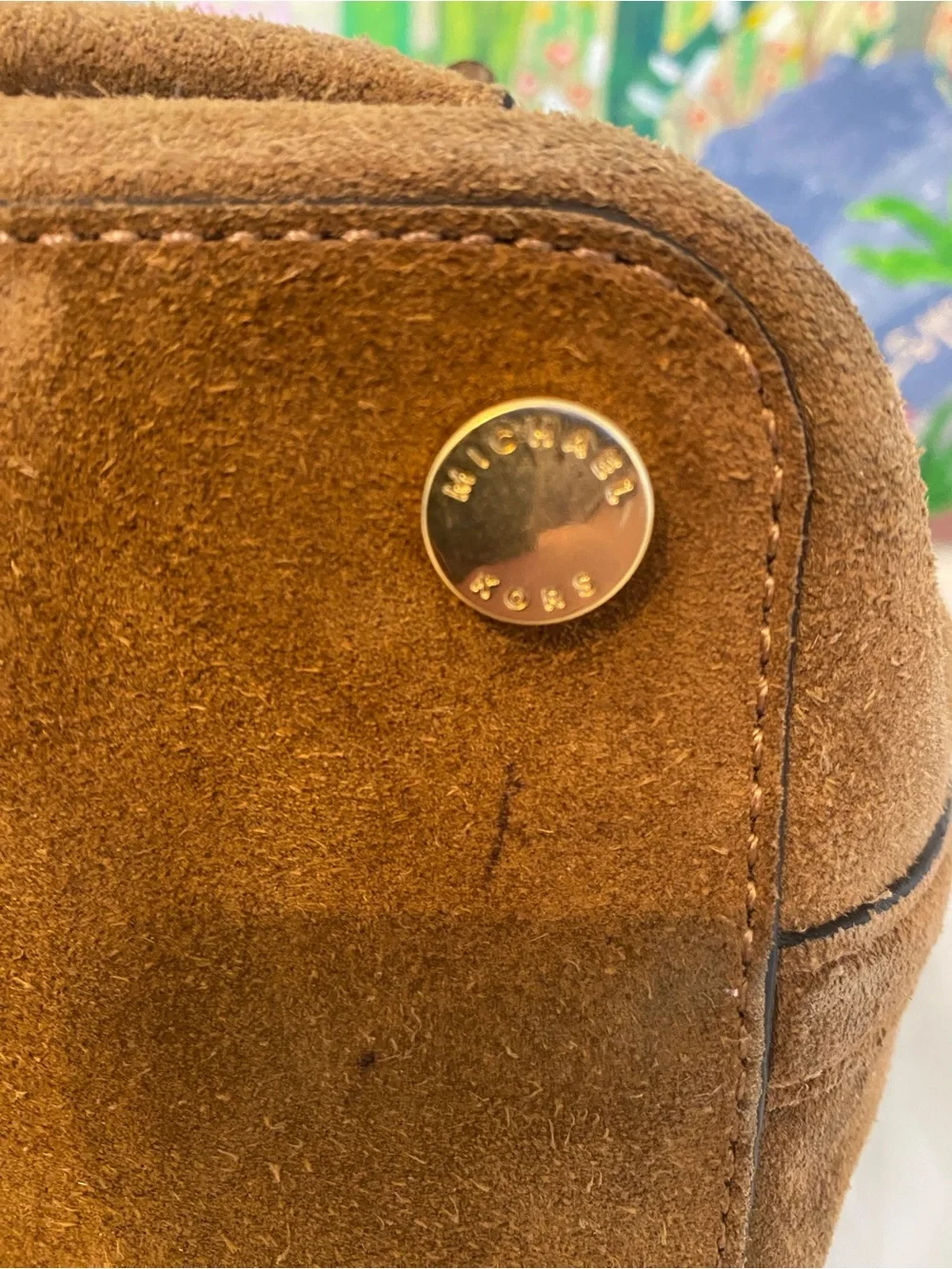 Michael Kors Brown Suede Greenwich Drawstring Hobo Bucket Bag, Med